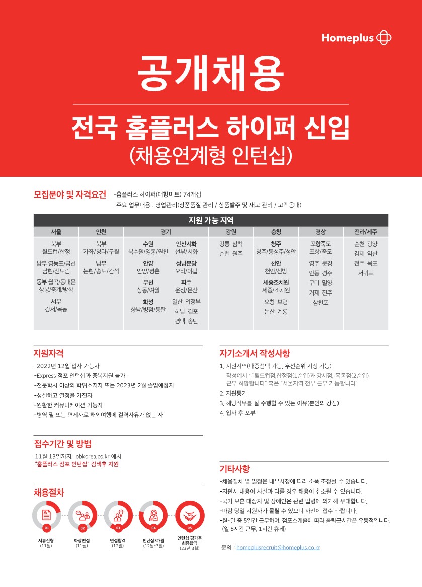 [홈플러스] 채용연계형 인턴십 모집 공고 (~11/13) – 문경대학교 취창업지원센터 [홈플러스] 채용연계형 인턴십 모집 공고 (~11/13)