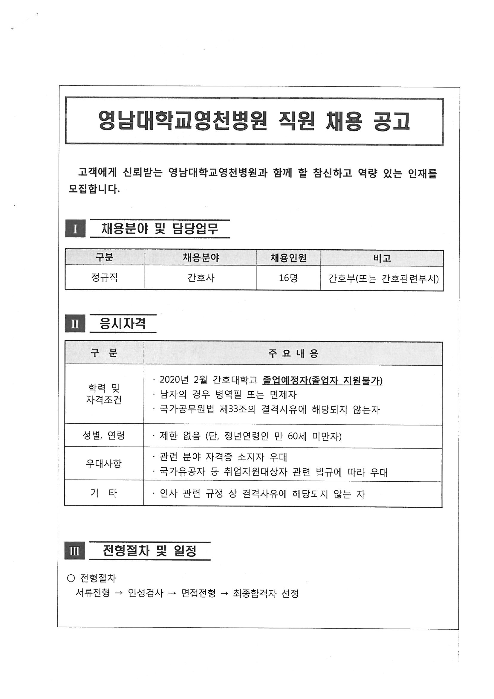영남대학교영천병원 간호사 채용 공고 – 문경대학교 영남대학교영천병원 간호사 채용 공고